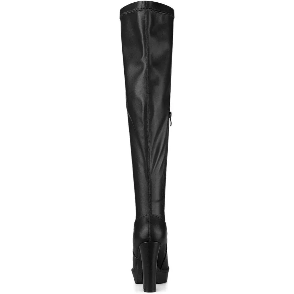 Women's Black Platform Boots Chunky Heel Over Knee High Rounded Toe Long Boots